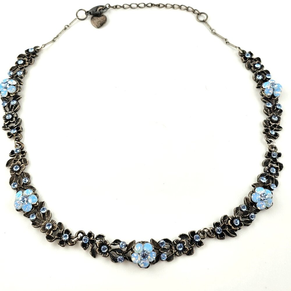 Vintage Floral Yoni Z Crystal Necklace Blue Rhinestone Statement